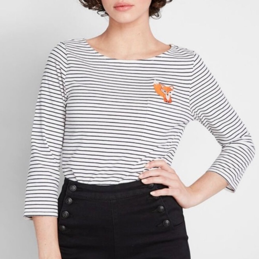 ModCloth Fox White Blue Striped Tee Shirt 3/4 Sleeves, XSmall